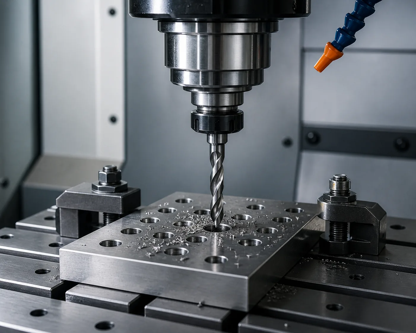 CNC drilling machine producing precision holes in a metal part