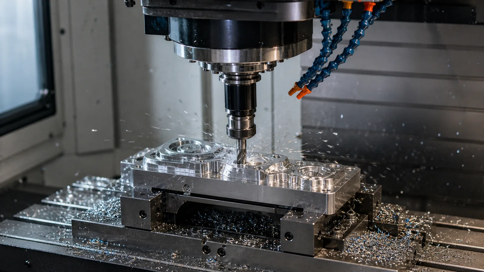 A 5-axis CNC milling machine machining a metal component