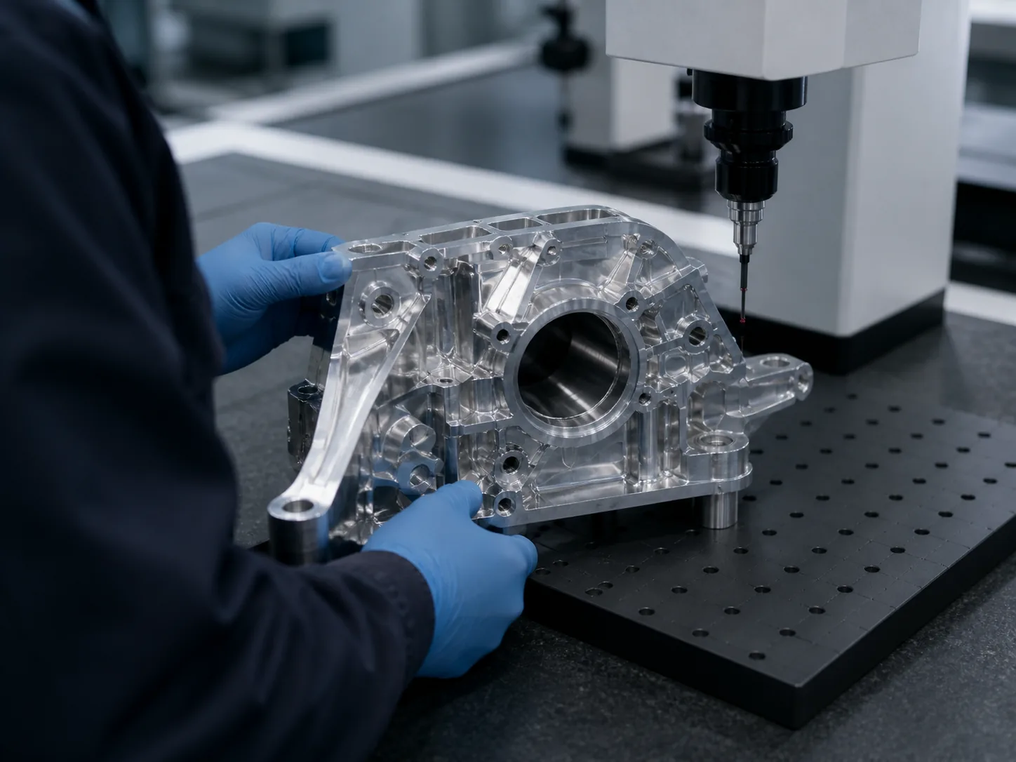Operator performing dimensional inspection on a machined part